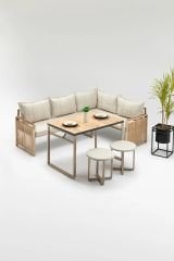 Monisa Köşe Koltuk Takımı Masa ve Puflu Balkon Bahçe Mutfak Bej Kahve