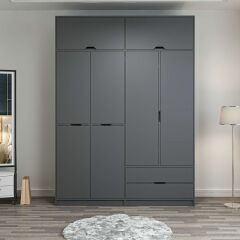 Elina 4 Kapaklı Dolap + Yüklük - Antrasit/Antrasit