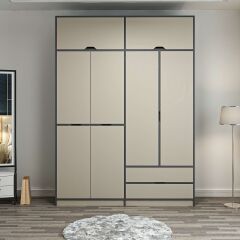 Elina 4 Kapaklı Dolap + Yüklük - Antrasit/Kumtaşı