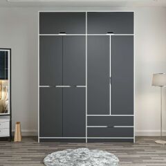 Elina 4 Kapaklı Dolap + Yüklük - Beyaz/Antrasit